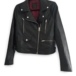 Love Tree Black Leather Moto Jacket with Asymmetrical Zipper